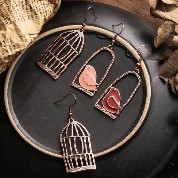 Bird Cage Antique Bronze Gold Chic Pink Earrings - Picture 2 of 8